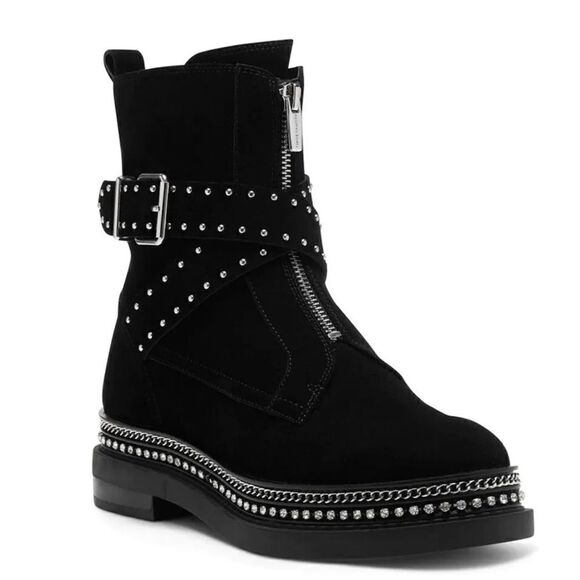 🔥Vince Camuto Blinda Black Suede Moto Chic Chain Rim PLatform Lug Bootie Sz 5M - Picture 1 of 7